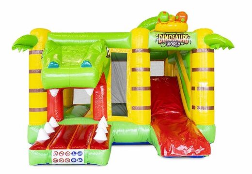 Buy a compact inflatable bouncer with slide in a Dino theme for children