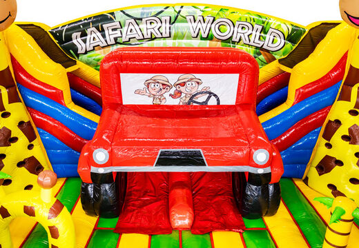 Inflatable red slide car in bouncy castle with safari theme