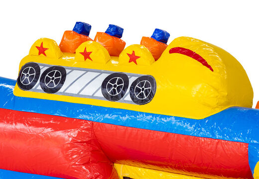 Roller coaster cart on inflatable obstacle course blue red yellow