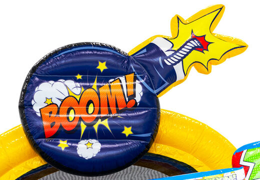 3D figure on bouncy castle Dubbelslide comic theme with cartoon bomb