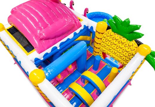 Inside bouncy castle with arches, pillars, and punching bags for sale at JB