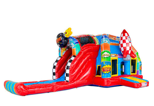 Comic strips depicted on air cushion - A-frame Super Comic bouncy castle available at JB Inflatables