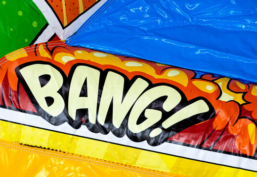 Comic style A-frame Super Comic bouncy castle air cushion for children, now available at JB Inflatables