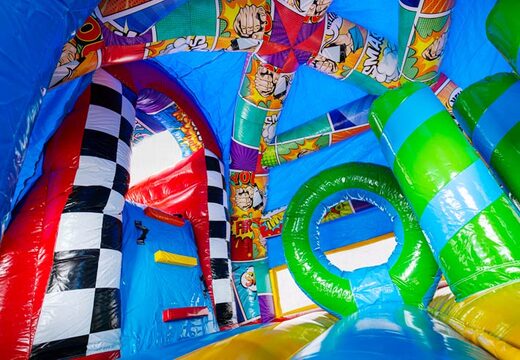A-frame Super Comic bouncy castle in striking Comic style, now available to order online