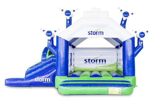 Buy custom inflatable Storm - Multifun Windmill bouncer with slide at JB Promotions America. Free design for inflatable bounce houses in your own corporate identity